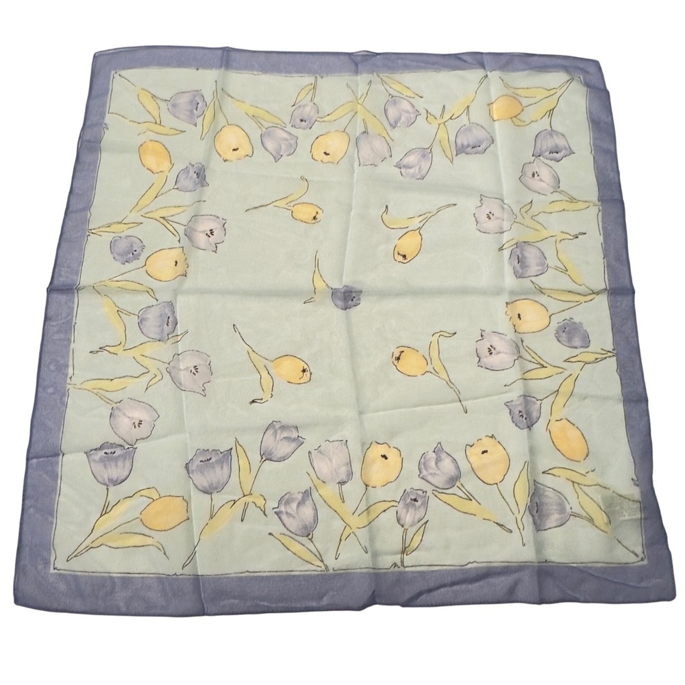 Kathie Lee Collection Blue Yellow Tulip Floral Square Scarf Italy Y2K 90s Vintag